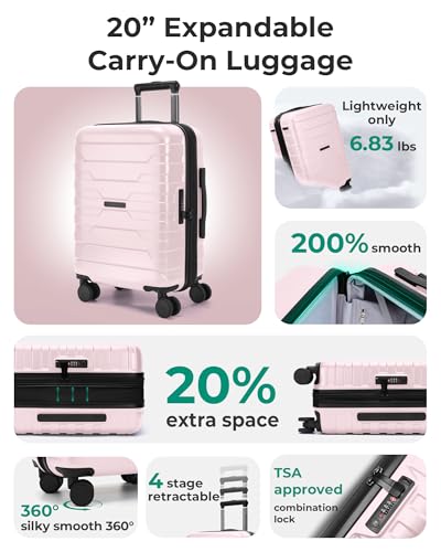 BAGSMART Carry On Luggage 22x14x9 Airline Approved with Spinner Wheels,Lightweight 20 Inch Luggage with TSA Lock,Expandable Hard Shell Carry On Suitcases for Men Women,Pink