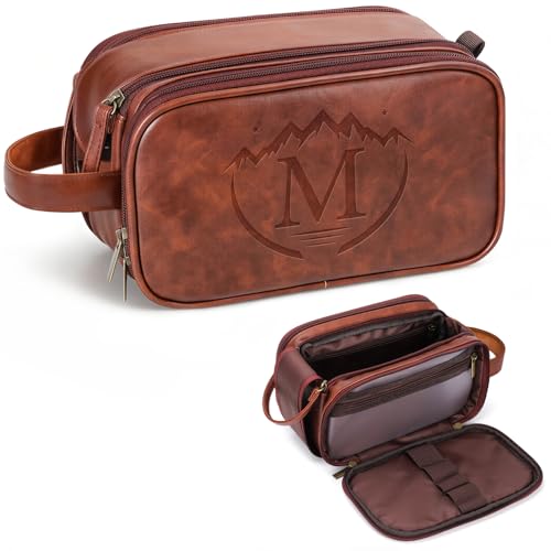 Personalized Travel Toiletry Bag for Men, Father Day Gifts, Engraved Initials Waterproof PU Leather Toiletry Bag, Large Capacity Portable Shaving Bag, Unique Birthday Gift for Men Dad Husband Him,M