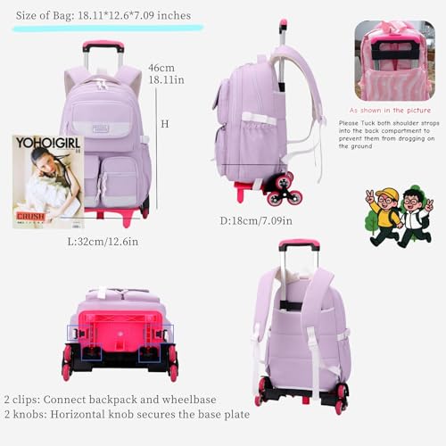 MITOWERMI Rolling Backpack for Girls, Backpack with Wheels for Girls, Kids Roller Trolley Bags Wheeled School Bookbag Purple-6 wheels