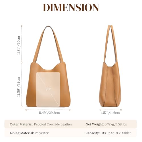 S-ZONE Soft Genuine Leather Tote Bag for Women Shoulder Handbag with Zipper Purses with Bottom Metal Rivets (brown)