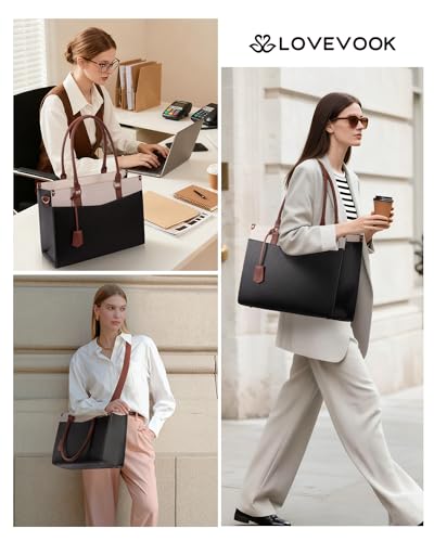LOVEVOOK Laptop Bag for Women, 2-in-1 Tote Purse with Clutch & Cup Holder, Waterproof Briefcase for Work Travel, Large Capacity Structured Work Bag 15.6 Inch, Black-Beige-Brown