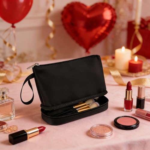 Ethereal Small Makeup Bag, 2 Layers Travel Makeup Bag with Makeup Brush Holder, Cosmetic Bag Black Make up Pouch for Women/Girls