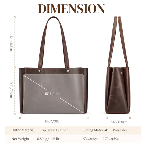 S-ZONE Genuine Leather Tote Bag for Women Work Large Shoulder Handbag with Zipper Compartment for Travel Professional (dark brown)