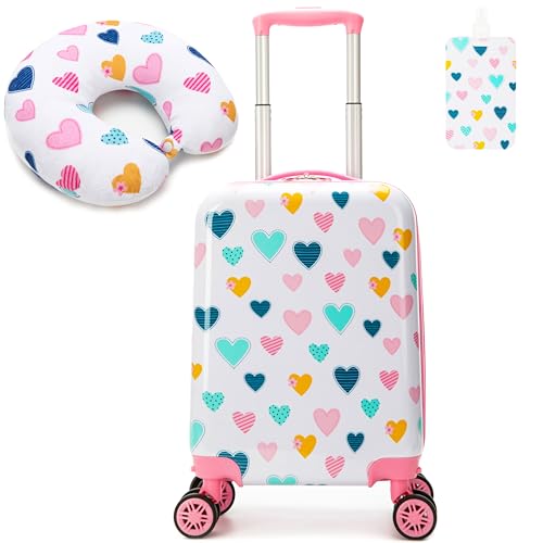 Esteemly Kid's Luggage Set 2 Piece Suitcase Set Hardside Luggage with Spinner Wheels Girls Carry on Toddler Travel Rolling Suitcase with Neck Pillow Airline Approved