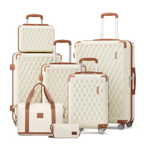 Melalenia Luggage Sets 7 Piece Hard Shell Carry on Suitcase with Spinner Wheels and TSA Lock, Lightweight Travel Duffel Bag for Women, Beige Brown