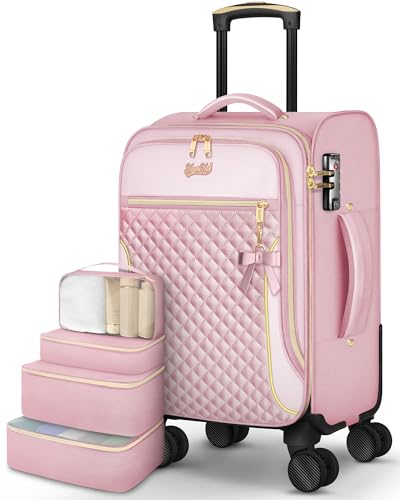 Carry On Luggage 22x14x9 Airline Approved, 20 Inch Softside Suitcase with 4 Pcs, Lightweight Luggage for Women with TSA Lock and 4 Spinner Wheels, Soft Side Carry-on Suitcases for Travel, Pink