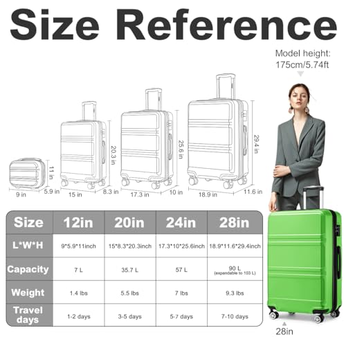 Kono 4 Piece Luggage Sets Expandable(only 28") with Spinner Wheels TSA Lock Lightweight PC+ABS Hardside Travel Rolling Suitcases 20in 24in 28in Carry on and 12in Mini Cosmetic Case Apple Green