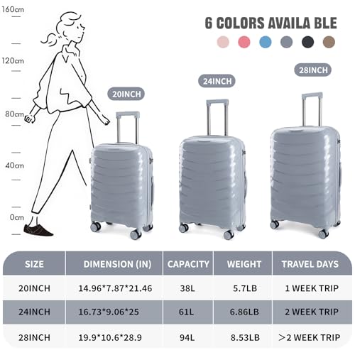 LARVENDER Luggage Sets 3 Piece, Hardside PP Carry On Luggage Suitcase with 360° Spinner Wheels Suitcase Sets for Women Men, Silver Grey