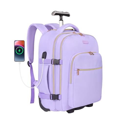 DEVPNR Rolling Backpack for Women, Travel Backpack with Wheels, TaroPurple