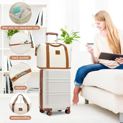 Kono Luggage Set 4 Piece Carry On Hardside Luggage with TSA Lock Spinner Wheels Lightweight PC+ABS Carry On Suitcase Cream White