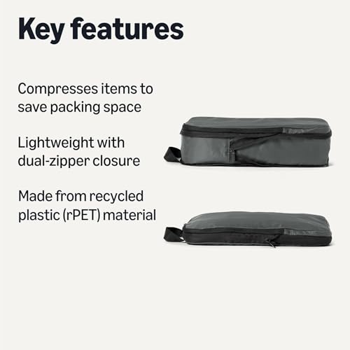 Amazon Essentials 6-Pack Ultralight Compression Packing Cubes, rPET Construction, Space-Saving Organizer with Zippers, Grey