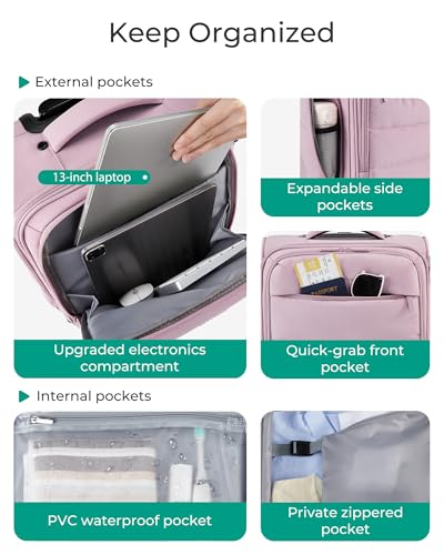 BAGSMART Underseat Carry on Luggage with Wheels, Soft Underseat Travel Luggage with PVC Wet/Dry Pockets, Lightweight Soft Personal Item Suitcase for Short Trip, Pinkish Purple