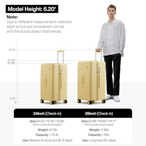 mixi 26'' Max Trunk Luggage Large Checked Luggage PC Hard Shell Rolling Travel Suitcases with Spinner Wheels & TSA Lock, Lark Yellow