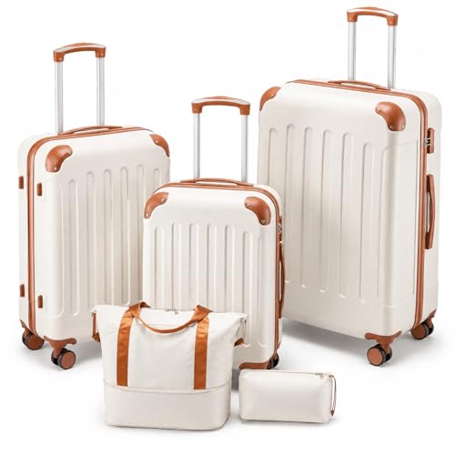 YOETEY Luggage Sets 5 Piece, Hardside Suitcase with Wheels, TSA Approved, White Brown