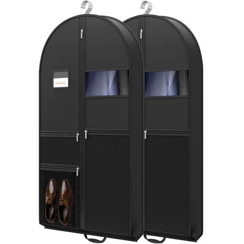 PUPILLEMON 43" Garment Bag for Travel, Heavy Duty Suit Bag with Zipper Pocket, Hanging Bags for Clothes, Dresses, Coats, Shoes (Black, 2 Packs)