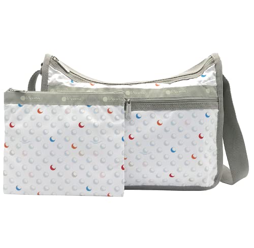 LeSportsac Sunlit Bubbles Deluxe Everyday Crossbody Bag + Cosmetic Bag, Style 7507/Color E553, Crisp White w Playful Bubbles, Vibrant Shades of Red, Blue, Orange, Muted Shades of Pink, Lt Blue & Khaki