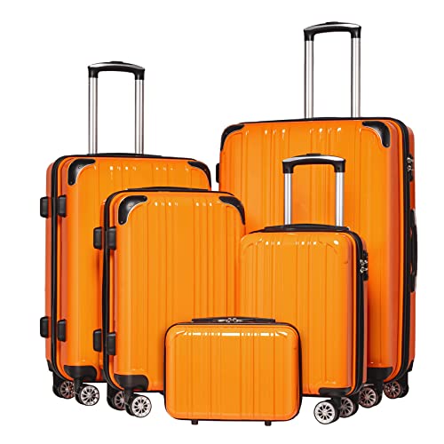 Coolife Luggage Sets, 5 Piece Durable Suitcase, Lightweight Carry on Luggage with PC+ABS Hardshell, Dual Spinner Wheels, TSA Lock and YKK Zipper(orange new, 5 piece set)