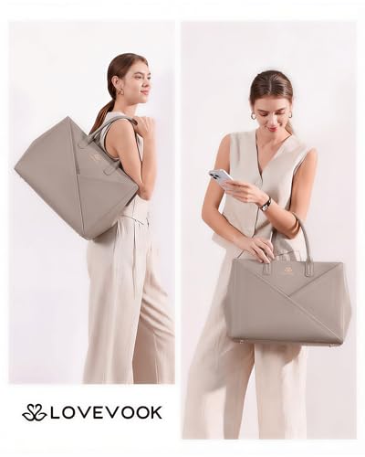 LOVEVOOK Laptop Tote Bag for Women with Large Cup Holder, 15.6 Inch PU Leather Work Bag Teacher Tote Bag, Waterproof Computer Bags Business Office Briefcase Handbag