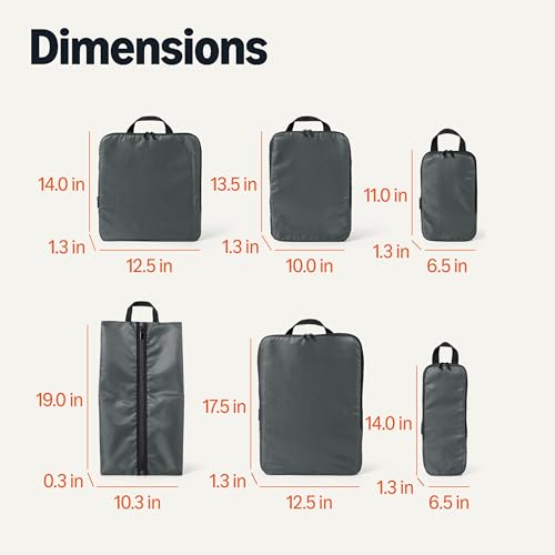 Amazon Essentials 6-Pack Ultralight Compression Packing Cubes, rPET Construction, Space-Saving Organizer with Zippers, Grey