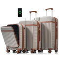 3 Piece Luggage Set ABS Hardshell Lightweight Suitcase Sets with Spinner Wheels and TSA Lock, 20 inch with Front Opening Design and USB Port, 20" Airline Certified Carry-on Luggage, 20"24"28", Khaki