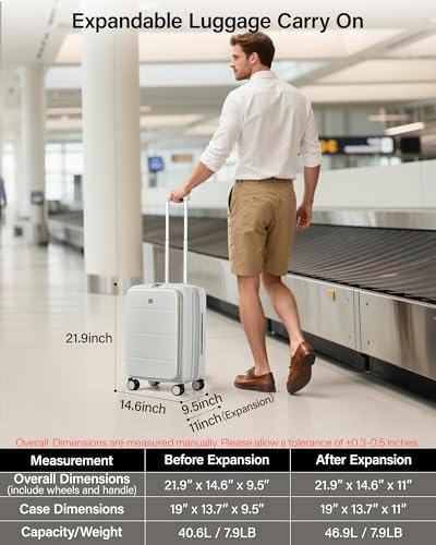 MILADA 20-Inch Expandable Carry On Luggage, Hard Shell Top-Opening Luggage with Wheels, TSA-Approved Small Travel Bag for Men and Women Carry-On Suitcase, White