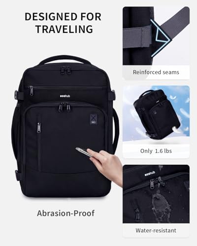 ECOHUB 17" Small Travel Backpack, United Airlines Personal Item Bag 17x10x9 with 16 Pockets, Water Resistant Rucksacks Fit 15.6" Laptop, AirTag Pocket, Lightweight Casual Daypack, 25L, Black