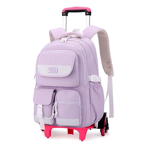 MITOWERMI Rolling Backpack for Girls, Backpack with Wheels for Girls, Kids Roller Trolley Bags Wheeled School Bookbag Purple-6 wheels