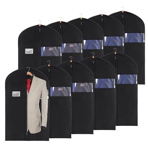 KEEGH 40" Suit Cover Bags for Men (Set of 10) Garment Bags for Hanging Clothes, Suit Bags for Closet Storage or Travel, Clothes Cover for Suits Coats with Clear Window and Label Pocket, Black