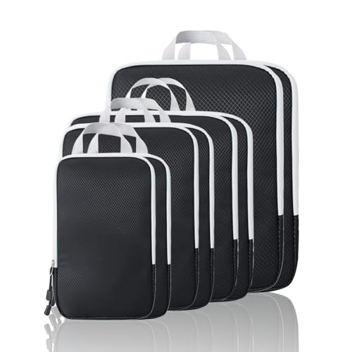 Compression Packing Cubes, 8 Set Packing Cubes for Travel Compression, Lightweight Compressible Package Organizer for Carry On and Suitcases, Black and Grey