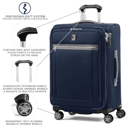 Travelpro Platinum Elite Softside Expandable Checked Luggage, 8 Wheel Spinner Suitcase, TSA Lock, Men and Women, Dark Blue, Checked Medium 25-Inch