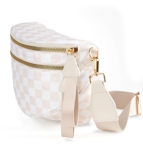 FEIBOON Spacious Checkered Nylon Crossbody Bag Bum Bag Handbags Wallets for Women (beige checkered)