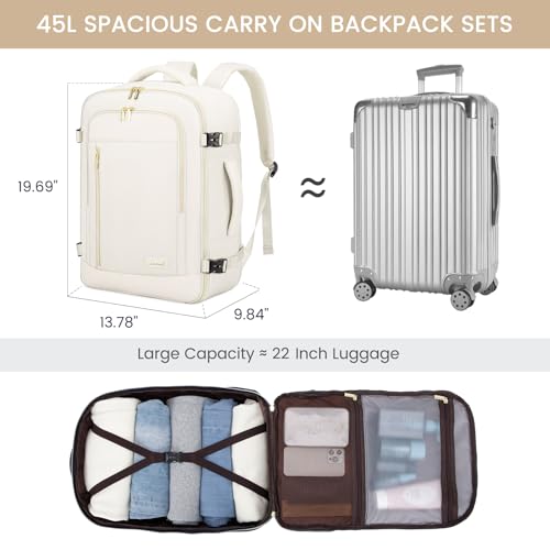 LOVEVOOK Travel Backpack for Women & Men, 45L Carry On Backpack, Personal Item Bag with 3 Packing Cubes, Business Weekender Overnight Luggage Daypack, Fits 18 Inch Laptop, Beige