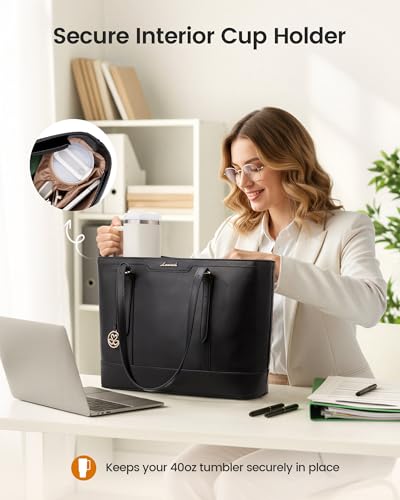 LOVEVOOK Laptop Bag for Women, 15.6 Inch Large Work Tote Bag with 40oz Cup Holder, Waterproof PU Leather Computer Briefcase for Teacher, Professional Business Shoulder Purse Black