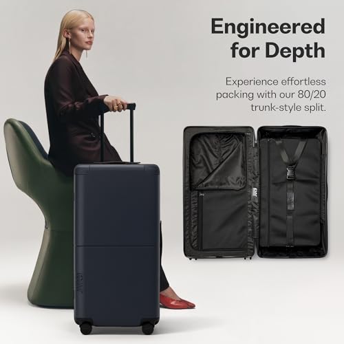 July Checked 80/20 with CaseSafe - 28.8" Built in Tracking, Airline Approved Check In Luggage with Wheels, Spinner Suitcase for Men & Women - Rolling Suitcase, Spinner Wheels, Y-Strap - Navy
