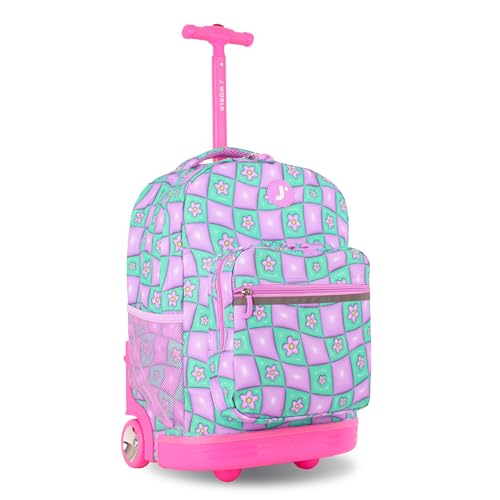 J World Sunrise Kids Rolling Backpack with Wheels for Girls Boys, Roller Bookbag for School, 18 x 13 x 9 Inches, Puffy Flower