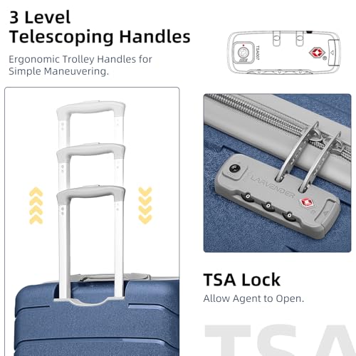 LARVENDER 3-Piece Carry On Luggage Set for Women,Hard Shell Suitcase 20Inch Carry On Luggage 22x14x9 Airline Approved, Spinner Wheel and TSA Lock（Navy 20Inch/DB/TB）