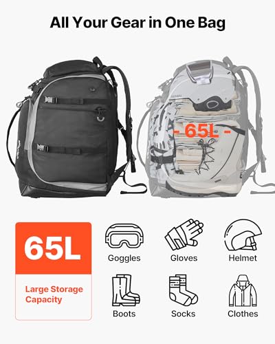 VEVOR Ski Boot Bag, 65L, Snowboard Boots Travel Backpack for Men Women, with Waterproof Exterior & Bottom, Durable 1680D Oxford, Bag for Skis, Snowboard, Helmet, Goggles, Gloves, Accessories (Black)