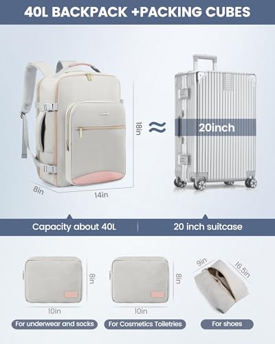 LOVEVOOK 40L Travel Backpack Flight Approved Carry on Backpack,3 Packing Cubes,Waterproof Personal Item Travel Bag,TSA Carry on Luggage Suitcase Travel Essentials,Gifts for Women & Men,fits 17" Laptop