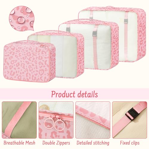 Woobolsalike 9 Set Packing Cubes for Travel Essentials - Lightweight Carry-On Luggage Organizer Bags with Shoe, Clothes & Laundry Bags for Airplane, Family & Business Travel, Pink leopard print