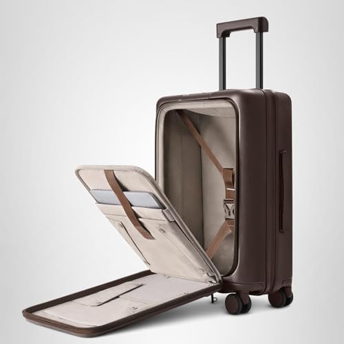 NINETYGO Medium Checked Luggage 25 Inch, Flat Top Opening Check In Luggage with Cup Holder, Expandable, Coffee-Infused PC Hard Shell, Eco-Friendly, TSA Lock, 360° Spinner Wheels (Americano)