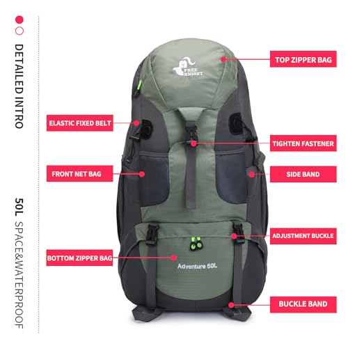 Bseash 50L Hiking Backpack, Water Resistant Lightweight Outdoor Sport Daypack Travel Bag for Camping Climbing Skiing Cycling (Army Green - With Shoe Compartment)