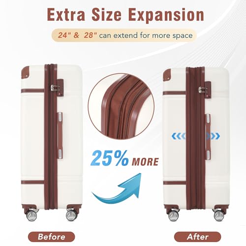 Merax Luggage Set,24 IN Hardside Suitcase with Duffel Bags,3 Piece Expandable Luggage with Spinner Wheels, Vintage Luggage with TSA Lock Lightweight,(White)