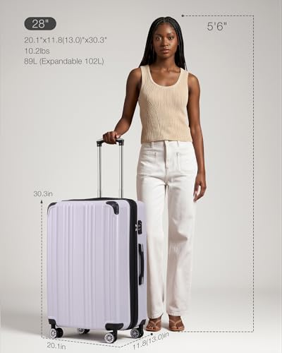 Coolife Luggage, Suitcase with Durable and Lightweight, Large Checked Luggage with PC+ABS Hardshell Expandable, Dual Spinner Wheels, TSA Lock, and YKK Zipper(white grid new, L(28in))
