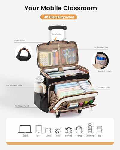 LOVEVOOK Rolling Teacher Bag with Detachable Dolly and Laptop Compartment, Large Rolling Tote Bag fits for 17.3" Laptop for Teacher Office Work Craft Nurse, Black-beige-brown