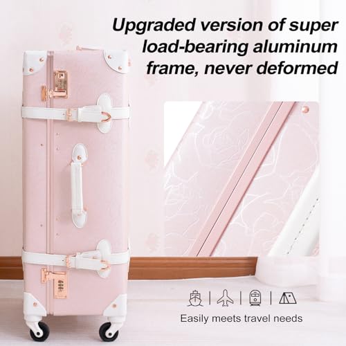 urecity Vintage Luggage Sets of 3 Piece - Hardside Lightweight Spinner Suitcases - Retro Travel Set includes Under Seat Train Case, 26"+20"+12" (Elegant Pink)