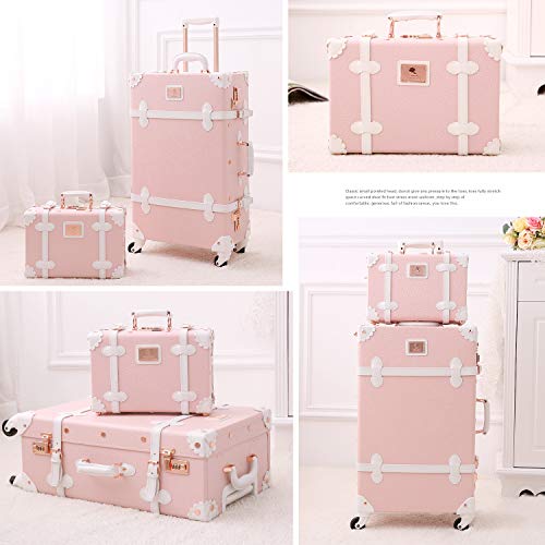 Unitravel Vintage Luggage Set, 3 Piece Retro Spinner Suitcase with Carry On Cosmetic Train Bag for Women (Embossed Pink, 26"+20"+12")
