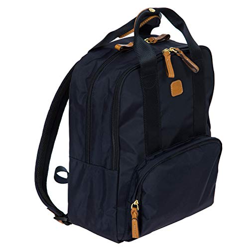 Bric's X-Travel Urban Backpack 14 Inch, Water-Resistant Satin Nylon Carry-On Daypack with Leather Details, Laptop Sleeve, Double-Zip Compartments and Luggage Pass-Through – Navy
