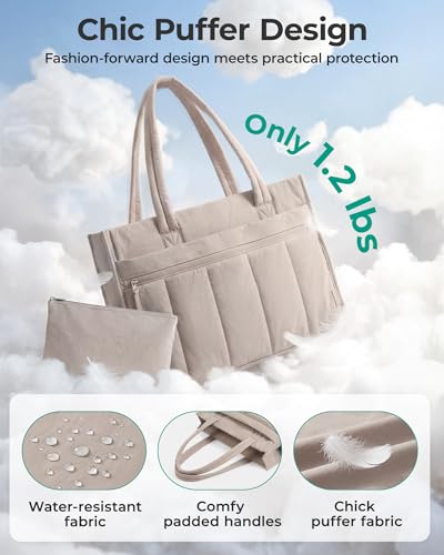 BAGSMART Tote Bag for Women Puffer 15.6 Inch Laptop Work Bag Large Purse Shoulder Handbag Crush Bow Tote with Insulated Lunch Bag for Travel Office Gym, Camel