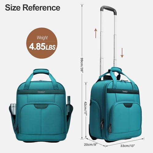 TIAWOLT Personal Item 16-Inch Underseat Carry on Luggage With Wheels Lightweight Wheeled Underseater under seat bags for airplanes Upright 2 Wheel,Boy and Girl,Teal Green