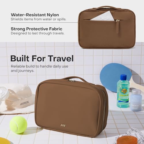 July Hanging Toiletry Bag with Hidden Hook, Clear & Leak-Resistant PVC Pocket, Toothbrush Tab, Water-Resistant Nylon and Leather Trims - Travel Essentials Bag, Bathroom Travel Organizer - Light Brown